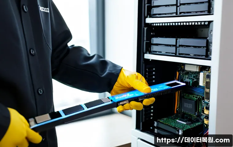 북창동 SSD조립 및 교체수리 - Photorealistic computer repair workstation in a compact Bukchang-dong office, technician wearing ant...