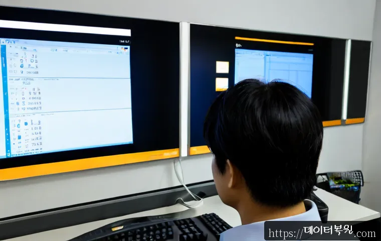 예관동 STATUS_SESSION_TIMEOUT - Photorealistic IT support workstation in a compact Yegwan-dong office, dual monitors showing a gener...