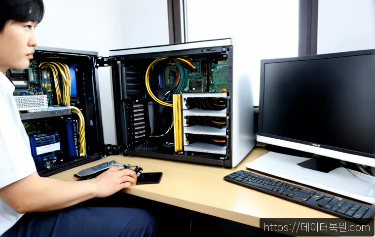 종암동 파워조립 및 교체수리 - Photorealistic PC repair workstation in a compact Jongam-dong apartment office, technician installin...