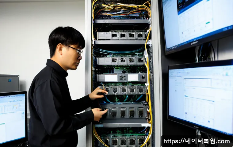 당산동 네트워크구축 설정 및 세팅오류해결 - Photorealistic IT technician configuring a compact office network rack in a Dangsan-dong style comme...