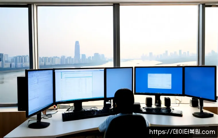 광장동 DRIVER_CORRUPTED_EXPOOL - Photorealistic IT support workstation in a modern Gwangjang-dong apartment office, dual monitors sho...