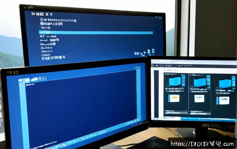 남산동 BAD_POOL_CALLER - Photorealistic IT support workstation in a compact Namsan-dong office, dual monitors showing a blank...