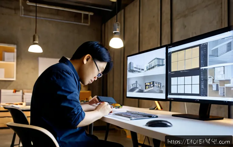 의주로 STATUS_FILE_WRITE_FAILURE - Photorealistic workstation in a compact Euljiro design studio, exhausted architect reviewing an unsa...