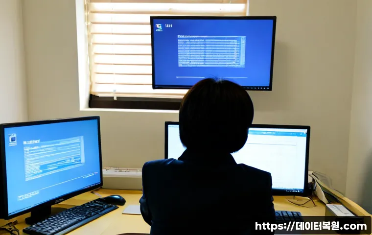 천호동 STATUS_KERNEL_MODULE_FAILURE - Photorealistic IT support workstation in a Cheonho-dong apartment office, dual monitors showing a bl...