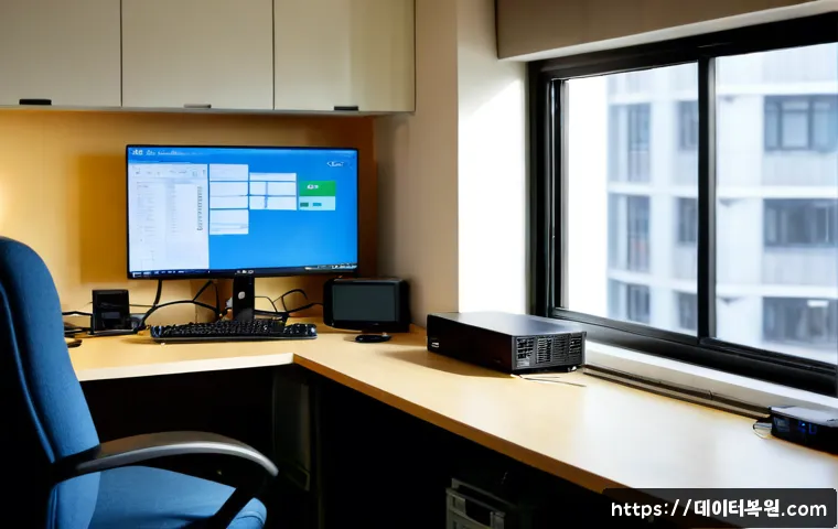 남학동 해놀로지 xpenology 구축 - Photorealistic compact workstation in a Namhak-dong apartment office, a quiet DIY NAS server with mu...