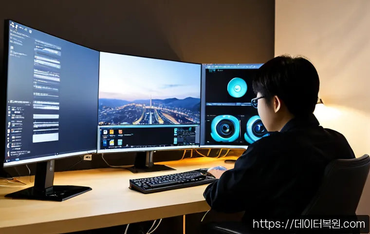 강동구 모니터화면 안나옴 - Photorealistic remote-support workstation in a modern Gangdong-gu apartment, dual monitors with one ...
