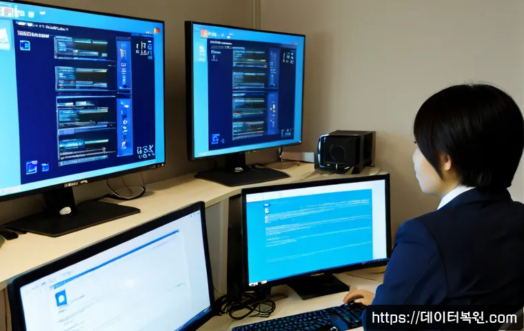 강동구 STATUS_KERNEL_THREAD_FAILURE - Photorealistic IT support workstation in Gangdong-gu, Seoul, dual monitors showing a blank blue syst...