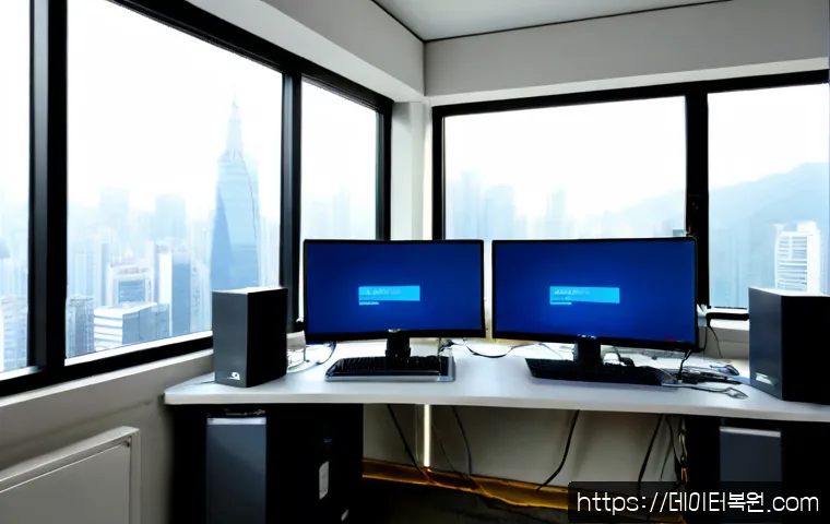 내자동 STATUS_KERNEL_BOOT_FAILURE - Photorealistic IT support workstation in a compact Seoul office near Naeja-dong, dual monitors showi...