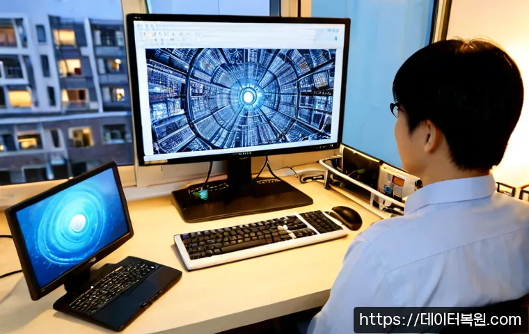 답십리동 STATUS_INVALID_THREAD - Photorealistic IT support workstation in a compact Dapsimni-dong office, dual monitors showing an ab...