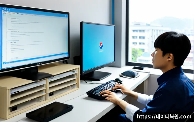 인의동 NDIS_INTERNAL_ERROR - Photorealistic remote IT support workstation in a compact Jongno office, dual monitors showing an ab...