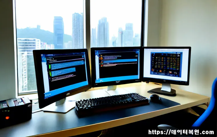삼송동 STATUS_KERNEL_MODULE_INVALID - Photorealistic IT support workstation in a modern Samsong-dong apartment office, dual monitors showi...