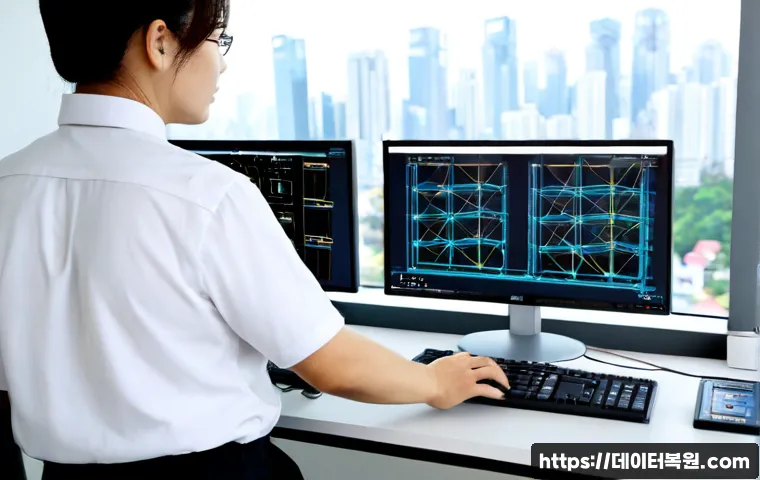 중산동 STATUS_CONNECTION_REFUSED - Photorealistic IT support workstation in a modern apartment office, dual monitors showing abstract d...