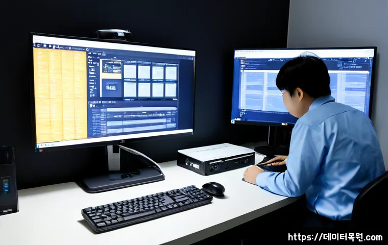 오장동 부팅안됨 - Photorealistic remote IT support workstation in a compact Ojang-dong office, desktop tower open besi...