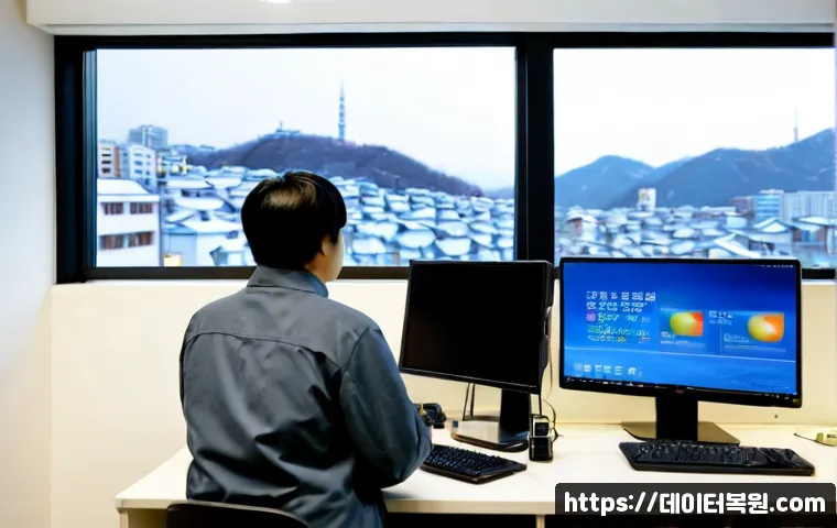 난향동 STATUS_IO_TIMEOUT - Photorealistic IT support workstation in a compact hillside apartment office, dual monitors showing ...