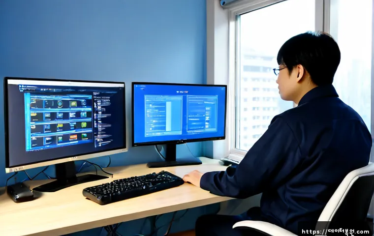 산황동 DRIVER_IRQL_NOT_LESS_OR_EQUAL - Photorealistic remote-support workstation in a compact Sanhwang-dong apartment office, dual monitors...
