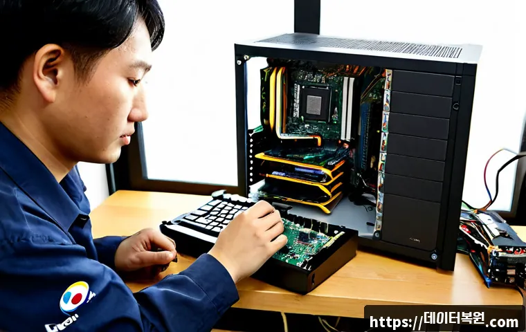 이화동 하드조립 및 교체수리 - Photorealistic desktop computer repair bench in a compact hillside neighborhood studio, technician c...