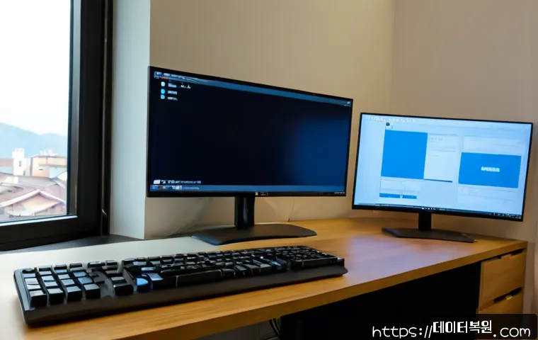 후암동 입력신호가 없습니다 - Photorealistic remote-support workstation in a compact Huam-dong apartment office, dual monitors wit...