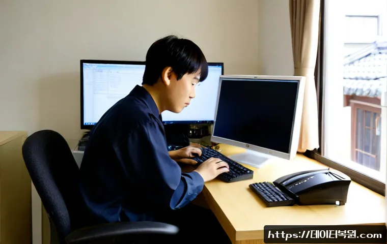 원서동 bootdevice - Photorealistic IT technician at a compact workstation in a quiet historic Seoul neighborhood office,...