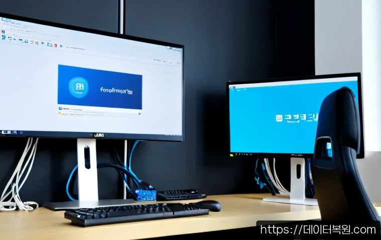 개화동 VIDEO_TDR_FAILURE - Photorealistic IT support workstation in a modern office near Gaehwa-dong, dual monitors showing a b...