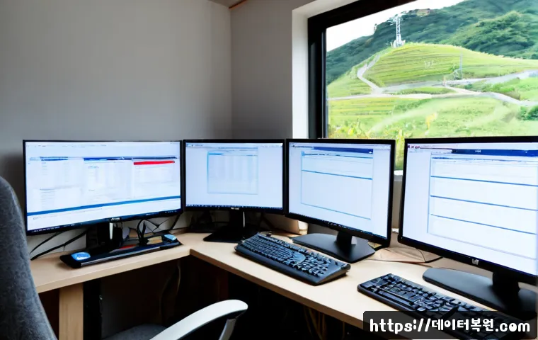 난곡동 STATUS_KERNEL_NETWORK_ERROR - Photorealistic remote-support workstation in a compact Korean home office, dual monitors showing an ...