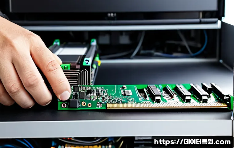 상면 RAM조립 및 교체수리 - Photorealistic close-up of a skilled computer technician installing a new RAM module into an open de...