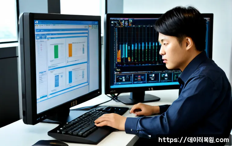 일산 STATUS_KERNEL_MODULE_NOT_FOUND - Photorealistic software support workstation in a modern Ilsan office tower, dual monitors showing a ...