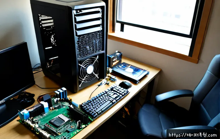 효자동 쿨러조립 및 교체수리 - Photorealistic desktop PC repair workstation in a compact Hyoja-dong apartment office, technician ca...