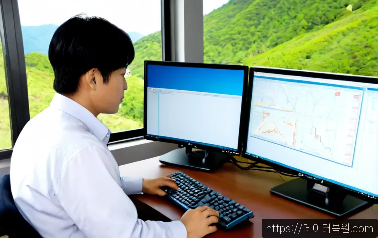 설악면 STATUS_KERNEL_REGISTRY_ERROR - Photorealistic IT support workstation in a quiet mountain township office, dual monitors showing abs...