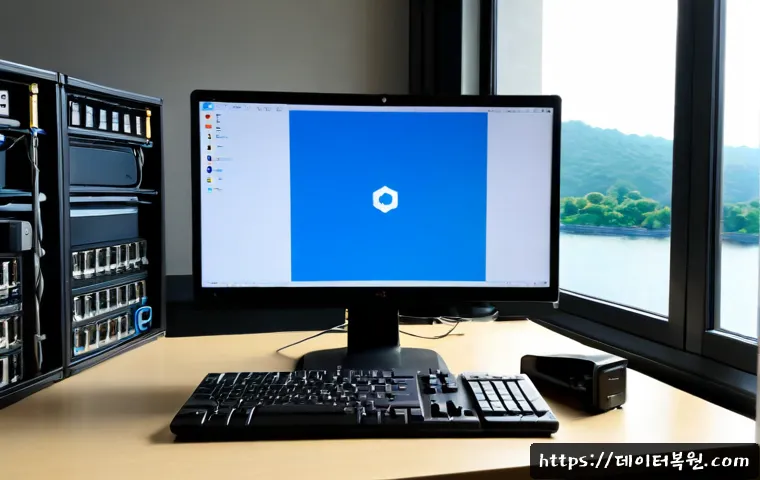 암사동 INACCESSIBLE_BOOT_DEVICE - Photorealistic IT support workstation in Amsa-dong, dual monitors showing a blank blue system recove...