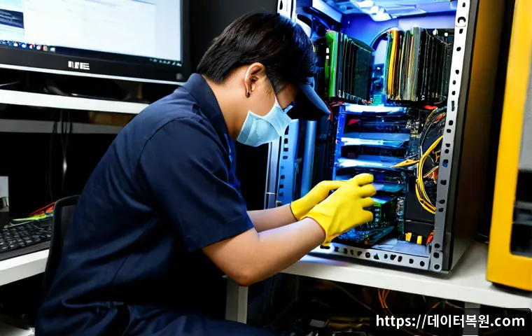 경안동 SSD조립 및 교체수리 - Photorealistic computer repair bench in a compact Gyeongan-dong electronics workshop, technician wea...