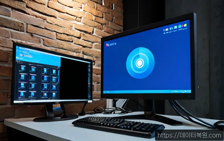 당인동 WIN32K_POWER_WATCHDOG_TIMEOUT - Photorealistic remote-support workstation in a compact Dangin-dong studio office, dual monitors show...
