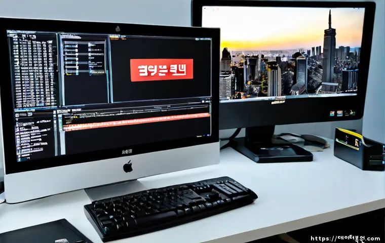 삼송동 STATUS_DISK_READ_FAILURE - Photorealistic IT support workstation in a modern Samsong-dong apartment office, ultrawide monitor s...