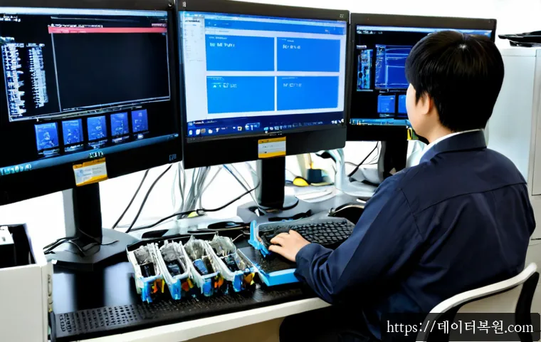 쌍림동 STATUS_FILE_CORRUPTION - Photorealistic IT support workstation in Ssangnim-dong, Seoul, dual monitors showing a clean CAD-sty...