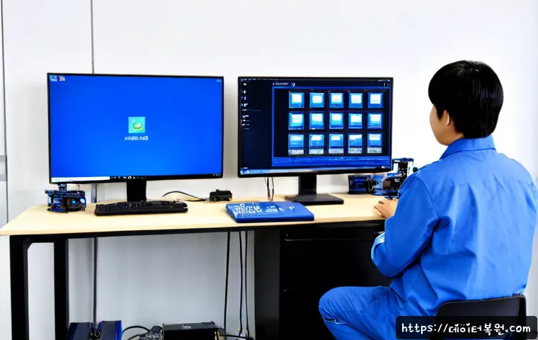 성석동 MACHINE_CHECK_EXCEPTION - Photorealistic CAD workstation in a compact Seongseok-dong engineering office, dual monitors frozen ...
