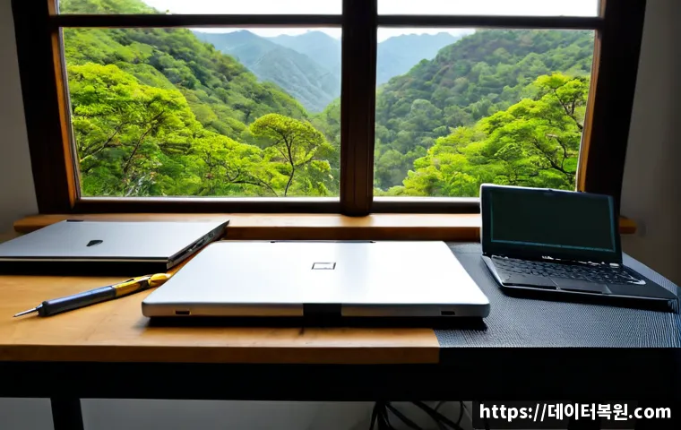 도척면 맥북프로 판매 및 수리 - Photorealistic premium laptop repair bench in a quiet rural-edge service studio, unbranded silver pr...