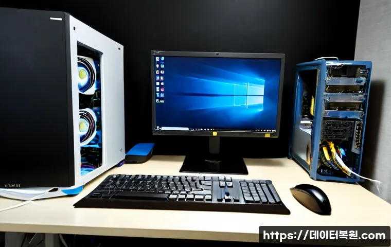 장지동 부팅불가 - Photorealistic PC repair workstation in a quiet Jangji-dong apartment office, desktop tower opened b...