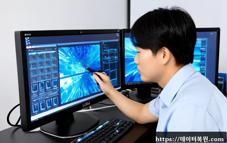 합동 BAD_POOL_CALLER - Photorealistic IT support workstation, dual monitors showing a clean abstract blue crash-screen layo...