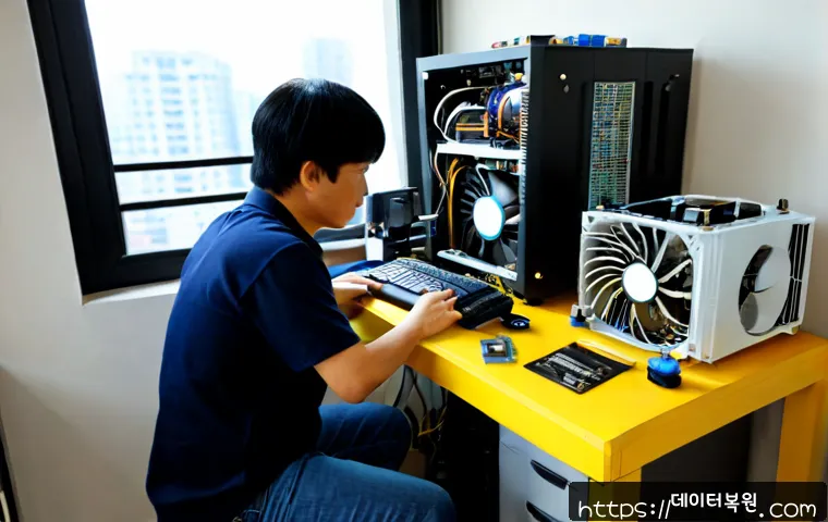 노원구 쿨러조립 및 교체수리 - Photorealistic computer repair bench in a compact Nowon-gu apartment workspace, technician installin...