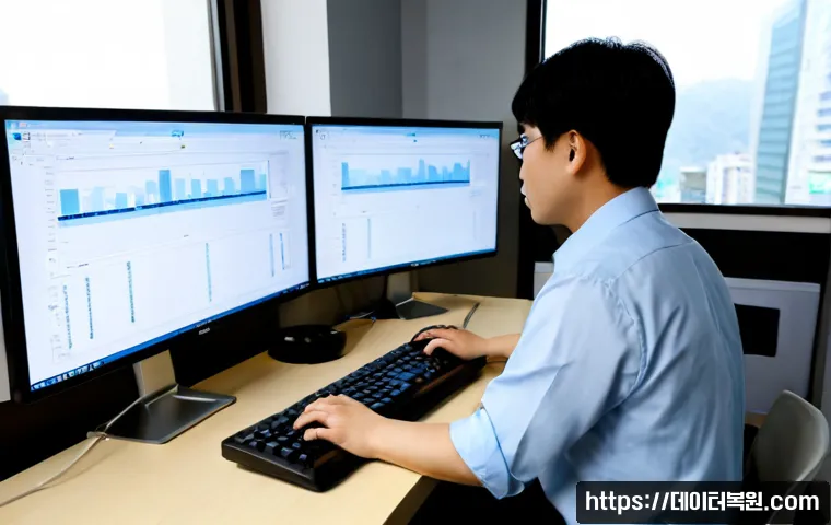 장항동 STATUS_KERNEL_RESOURCE_ERROR - Photorealistic IT support workstation in a modern Janghang-dong office, dual widescreen monitors sho...