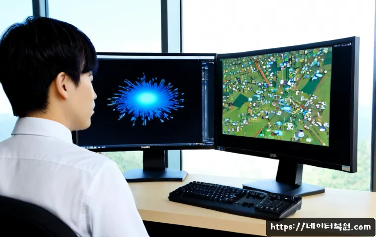 과천시 STATUS_KERNEL_STACK_CORRUPTION - Photorealistic IT support workstation in Gwacheon, dual monitors showing a blank blue system crash i...