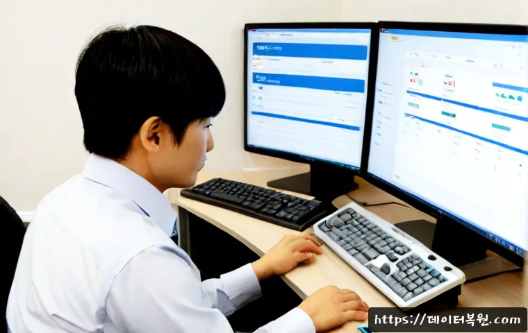 도화동 MULTIPLE_IRP_COMPLETE_REQUESTS - Photorealistic remote-support workstation in a compact Dohwa-dong office, dual monitors showing a cl...
