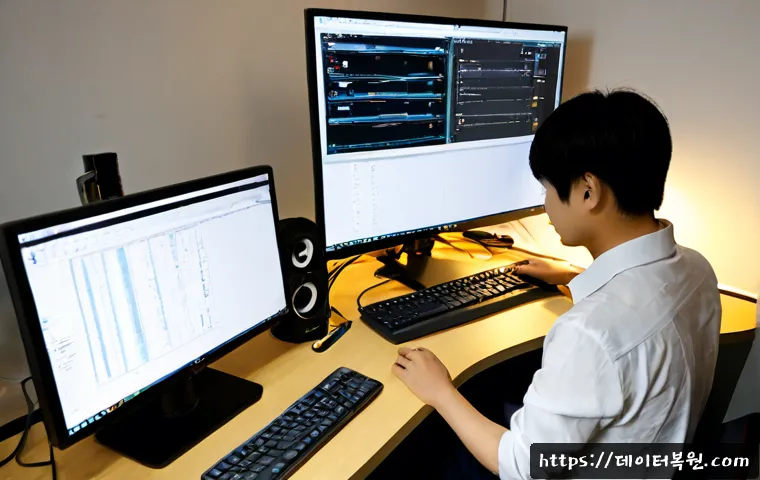 홍대 ubuntu재설치 포맷  초기화 - Photorealistic remote-support workstation in a compact Hongdae-area creative studio, technician rein...
