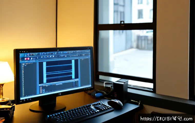 동숭동 REGISTRY_ERROR - Photorealistic IT support workstation in a compact Dongsoong-dong creative studio, dual monitors sho...