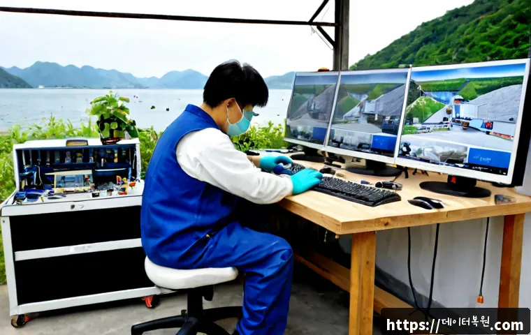 청평면 HDD조립 및 교체수리 - Photorealistic computer repair bench in a quiet lakeside township workshop, technician wearing anti-...