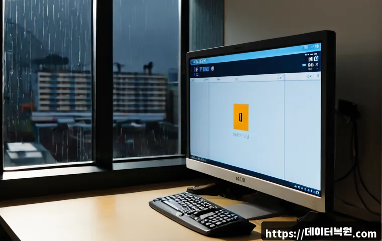 양평동 STATUS_PAGE_FAULT - Photorealistic IT support workstation in a compact Yangpyeong-dong office, ultrawide monitor showing...