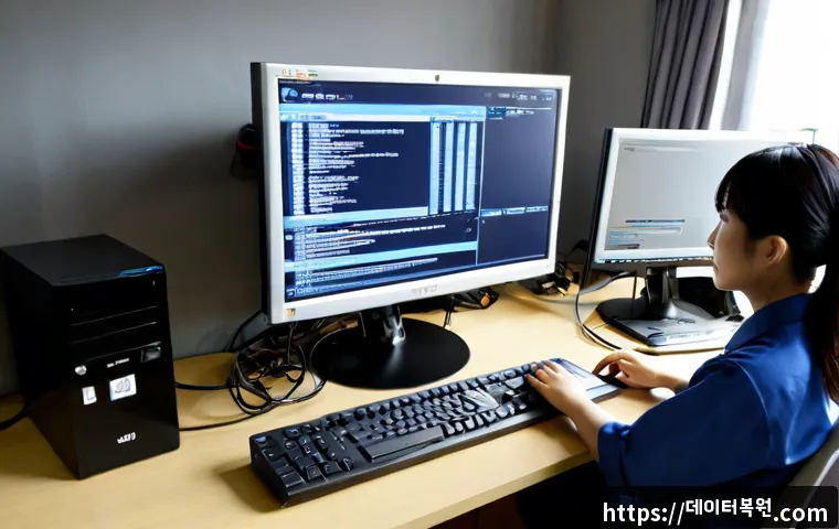 중부면 부팅불가 - Photorealistic remote-support workstation in a quiet central Korean township office, desktop monitor...