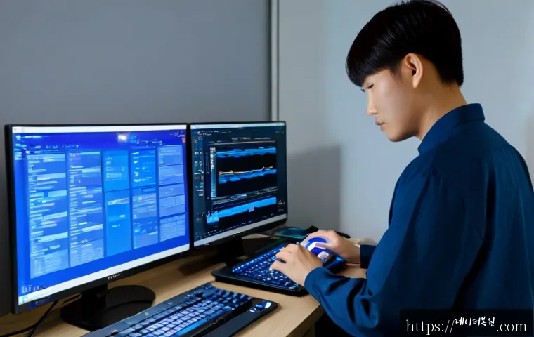 미아리 STATUS_KERNEL_DEBUG_FAILURE - Photorealistic remote-support workstation in a compact northern Seoul apartment office, dual monitor...