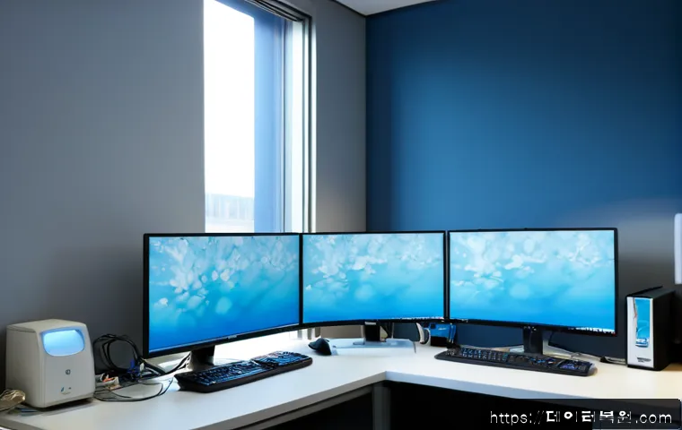 충현동 CLOCK_WATCHDOG_TIMEOUT - Photorealistic IT support workstation in a compact Chungjeong-dong office, dual monitors showing a f...