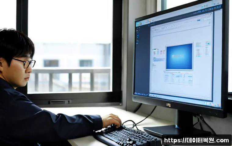성석동 STATUS_STACK_OVERFLOW - Photorealistic IT support workstation in Seongseok-dong, a desktop monitor showing a frozen abstract...