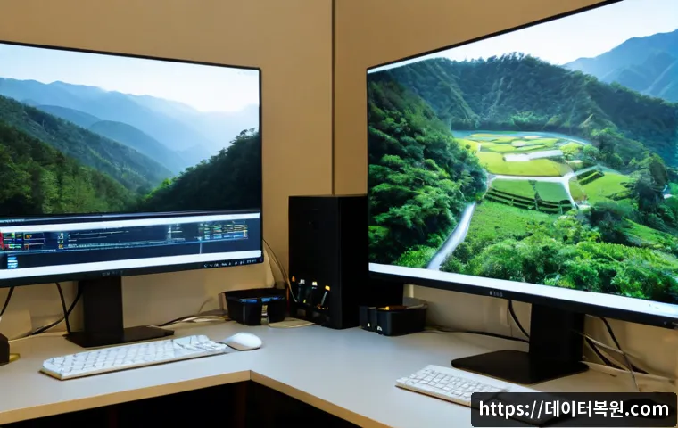 곤지암 STATUS_MODULE_NOT_FOUND - Photorealistic IT support workstation in a quiet Gonjiam office near forested hills, dual monitors s...